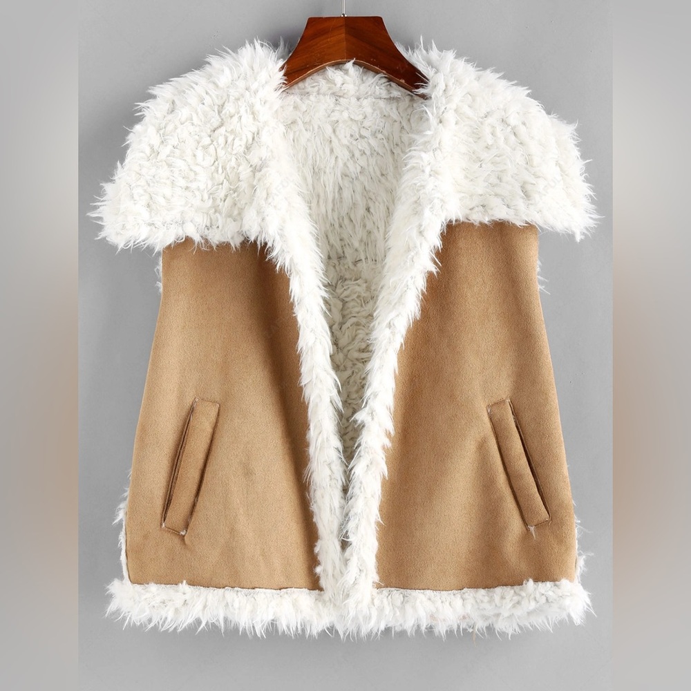 ZAFUL Faux Shearling Lining Suede Waistcoat - Camel Brown L